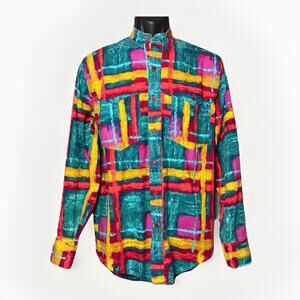 Vintage Wrangler Button Down Shirt Mens LG Band Collar Colorful Abstract Rodeo